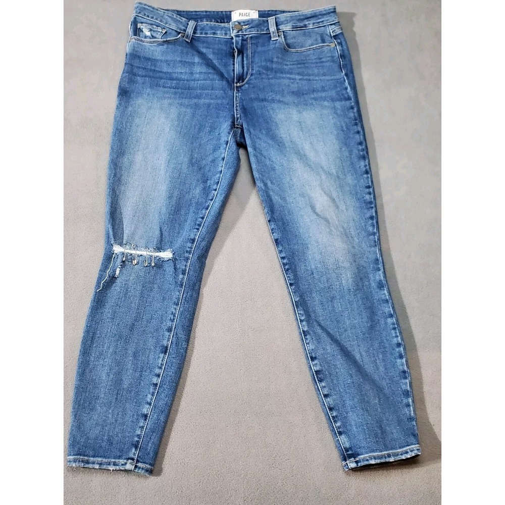 Paige Verdugo Crop Bree Jeans Womens 32 Blue Excellent Distressed Safety Pin